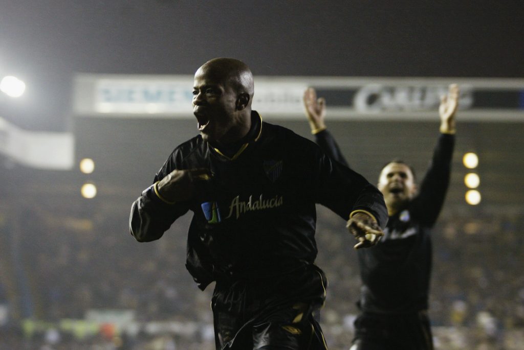 Cesar Dely Valdes of Malaga celebrates scoring