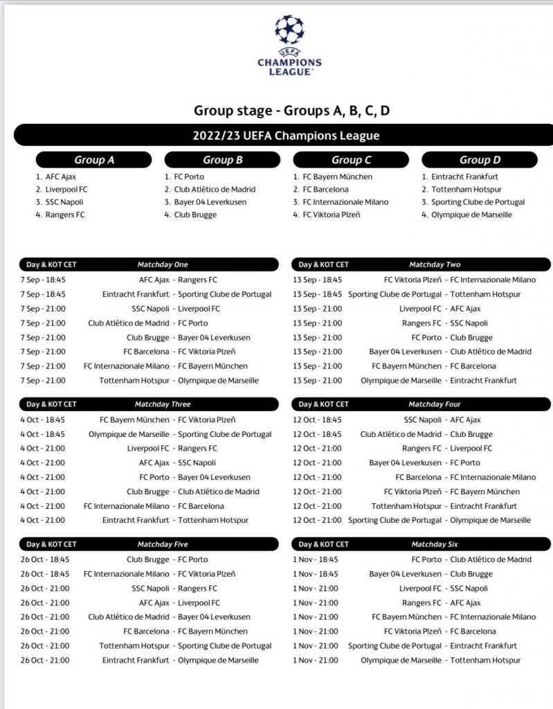 CALENDARIO CHAMPIONS