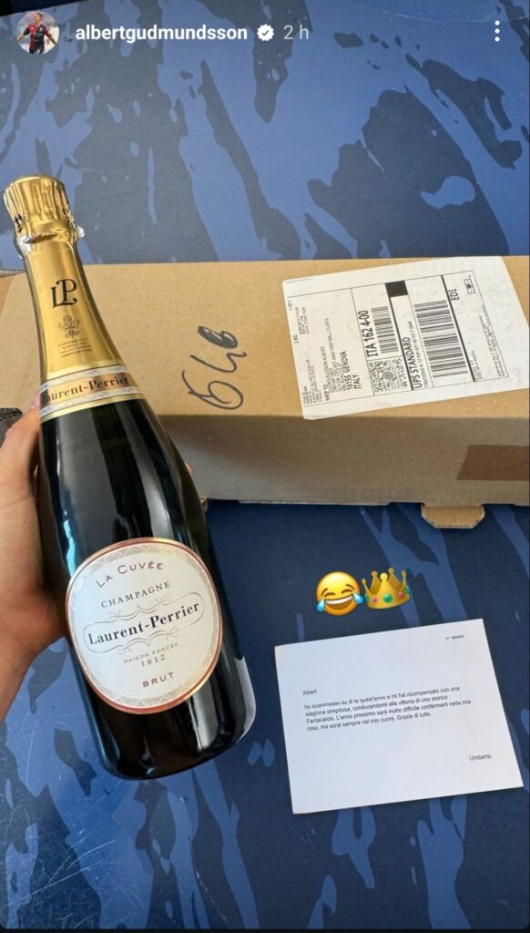 Storia Albert Gudmundsson bottiglia champagne Fantacalcio