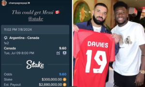 La scommesse di Drake sulla vittoria del Canada contro l'Argentina in semifinale di Copa América - Foto tratta da Account Instagram SPORTbible
