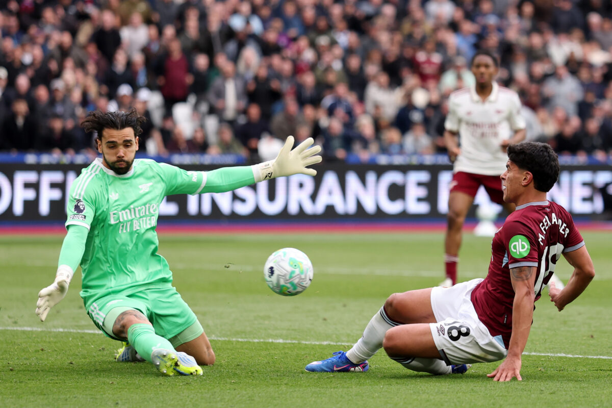 La parata di david Raya su Mateus Fernandes in West Ham - Arsenal del 10 maggio 2026 - Ph Getty Images