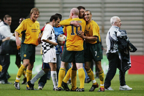 John Hartson, Chris Sutton and Henrik Larsson of Celtic celebrate victory